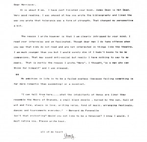 ... fan letter to Morrissey in the 80s, printed in “Morrissey in quotes