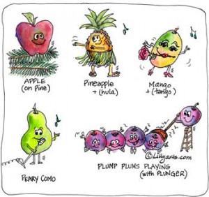 Cute funny sayings by cartoon fruits apple pineapple mango pear plums