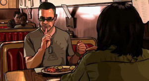 scene from Scanner Darkly depicting a character wearing an obvious ...