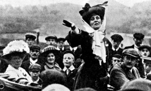 English suffragist Emmeline Pankhurst (1858-1928) making an open-air ...