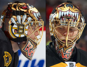 Tuuka Rask of the Boston Bruins has this mask featuring an angry Bruin