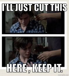 Johnny cutting ponyboy's hair.