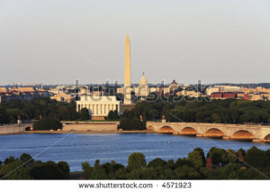 The Washington, DC skyline showing the Potomac River, Memorial Bridge ...