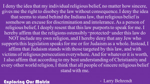 Larry Berhrendt on Indiana’s Religious Freedom Restoration Acts