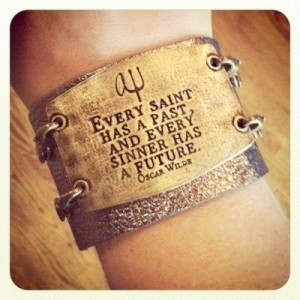 Leather cuff bracelet with metal quote