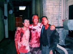 Leigh Whannell, Tobin Bell, & Michael Emerson on the set of SAW (2004)