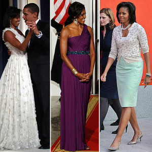 From left : In Jason Wu at the inaugural ball, in Doo.Ri at a state ...
