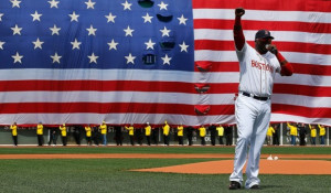 David Ortiz #34 of the Boston Red Sox speaks during a pregame ceremony ...