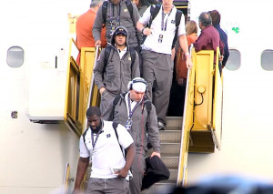 Notre Dame players walking off the team plane in Fort Lauderdale, Fla ...