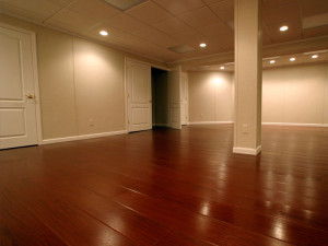 finished basement with a wood laminate floor