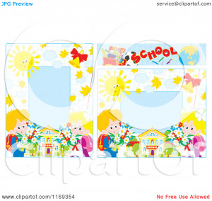 Cartoon of Frames of School Children with Flowers and Graph Paper ...