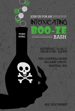... Green Potion Skull and Crossbones Adult Halloween Party Invitation