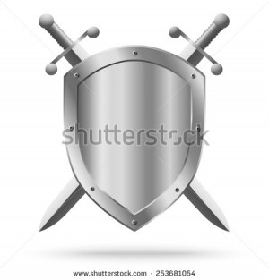 Double-edged swords and medieval shield isolated on white background ...