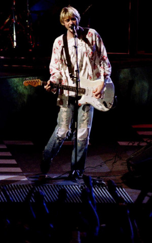 Kurt Cobain, pictured at the 1992 MTV Video Music Awards show, was ...