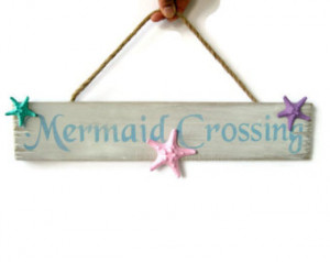 Mermaid Sign, Wooden Mermaid Crossi ng Sign with Starfish, Beach ...