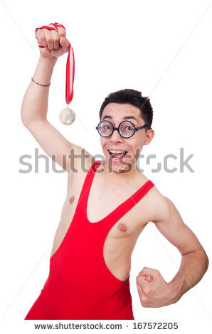 Funny wrestler with winners gold medal - stock photo