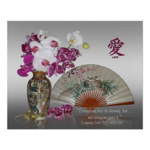 Orchids and Oriental painted fan, Confucius quote Posters