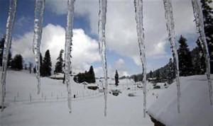 Icicles hang from the roof of a building in Gulmarg, 55km (34 miles ...
