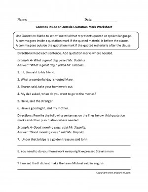 Commas Inside or Outside Quotation Mark Worksheets