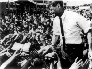 Robert F Kennedy speaking to a crowd on the campaign trail.