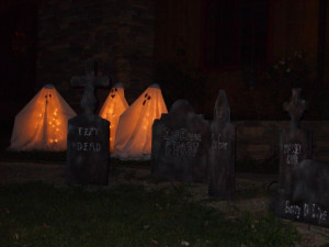 My DIY ghosties with my DIY tombstones... diy tombstones they were ...