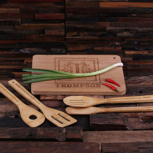 Wood Cutting Board with 4pc Personalized Bamboo Kitchen Spoons, Quotes ...