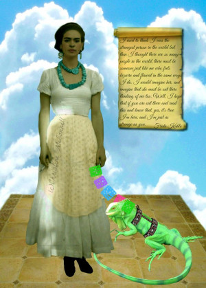 Frida Kahlo with Iguana and 'Just As Strange As Me' quote art print by ...