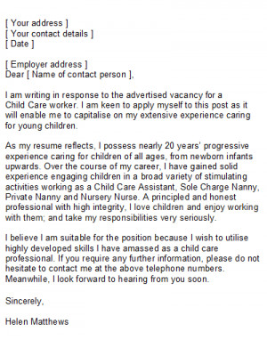 Cover Letter Nanny Position Sample