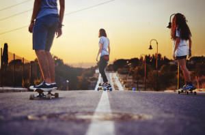 girls, longboard, road, skate, skateboard, skating, sunset