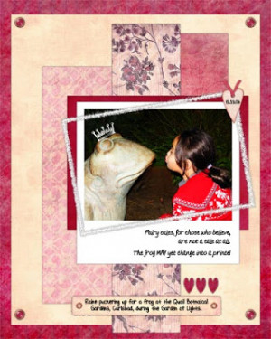 Raine puckering up for a frog statue at the Quail Botanical Gardens ...