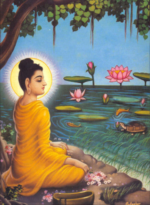 Prince Siddhartha meditates under the Bodhi tree by the Neranjara ...