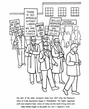 ... Labor Day coloring page shows organized workers on-strike walking a