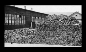 large pile of victims shoes, Dachau after liberation.