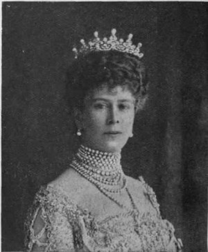 Queen Mary wearing her rare and costly pearls, which are of ...