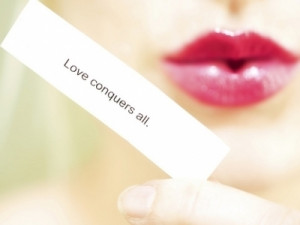 lips, love, love conquers all, pink, quote, saying