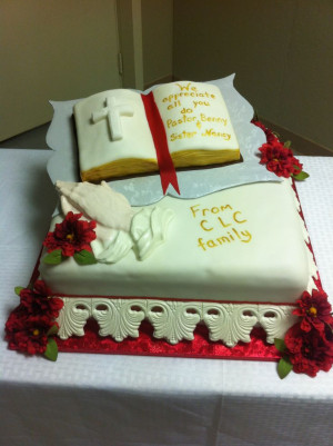 Pastor appreciation cake with bible and praying hands