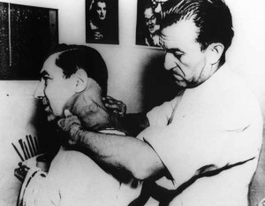 pierce working on lugosi as the monster in frankenstein meets the wolf ...