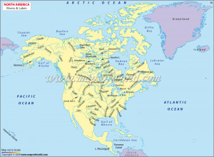 Map of North America with Rivers Lakes