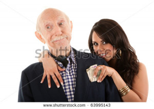rich elderly man with gold digger companion or wife gold digger