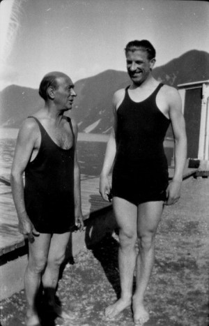 Arnold Schoenberg and Winfried Zillig rocking one-piece bathing suits.