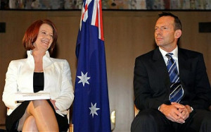 Australian Prime Minister Julia Gillard (L) and Federal opposition ...