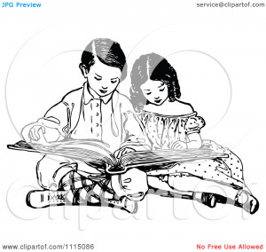 Clipart Vintage Black And White Brother And Sister Reading A Book ...