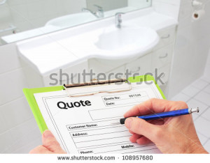Hand writing a quote on a clipboard to renovate a bathroom - stock ...
