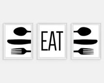 Kitchen Art Print 'Eat' Quo te, Fork Spoon Knife Art Set of Three 5x7 ...
