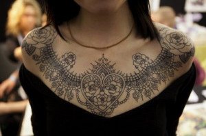 beautiful lace collar tattoo that uses hearts and roses to symbolize ...
