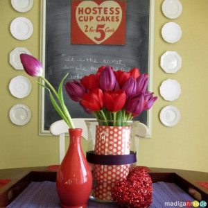 ... made… a fun red and purple centerpiece and a new chalkboard quote