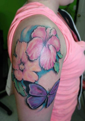 purple hibiscus flower tattoos on shoulder