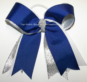 Cheerleader Royal Blue White & Silver Streamer Hair Bow