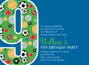 9th Birthday Sports Blue Birthday Invitations