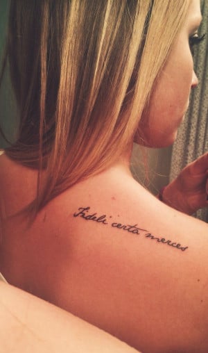 ... be endlessly rewarded. (tattoo script quote Latin shoulder tattoo